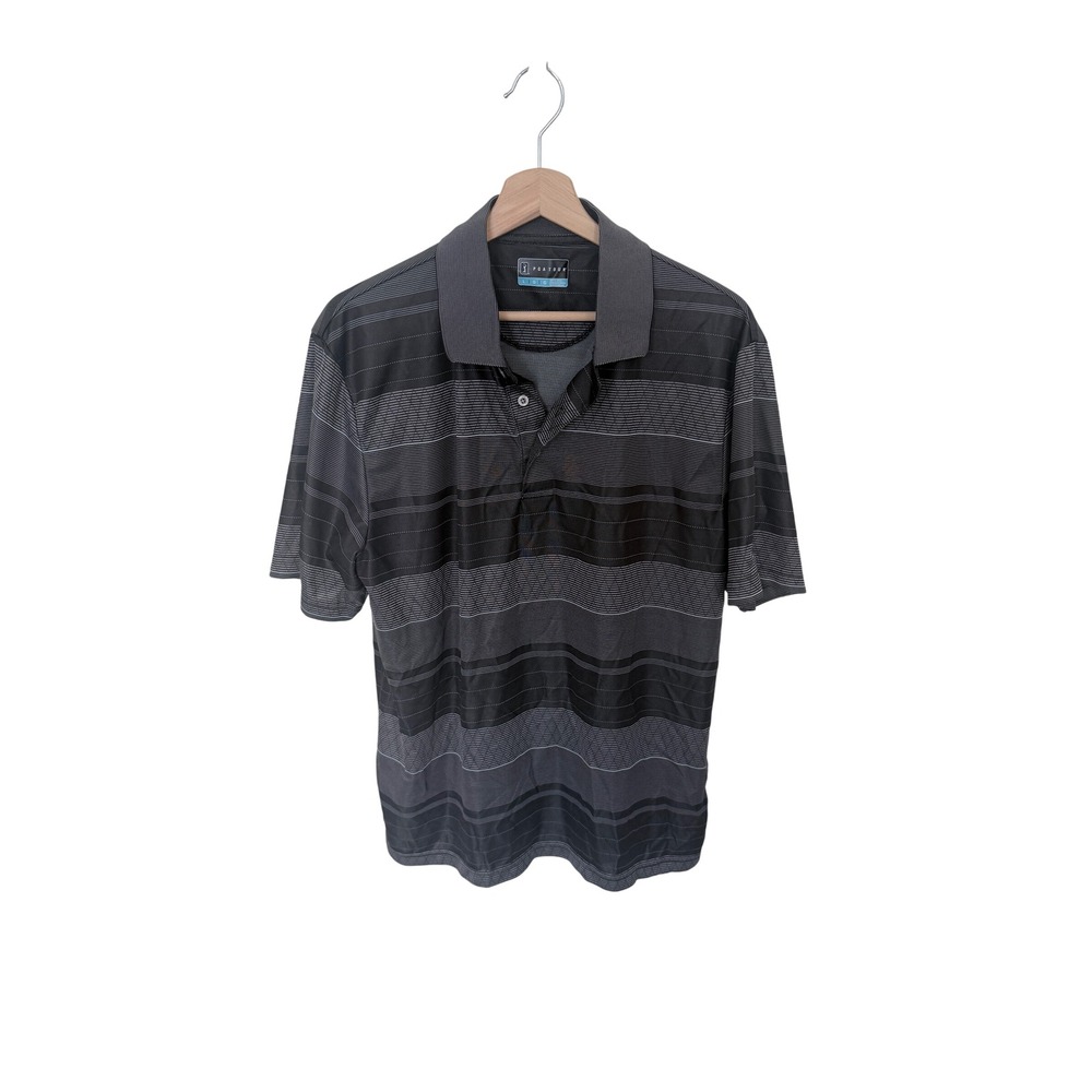 PGA Tour Mens Large Grey Black Striped Short Sleeve Performance Golf Polo Shirt